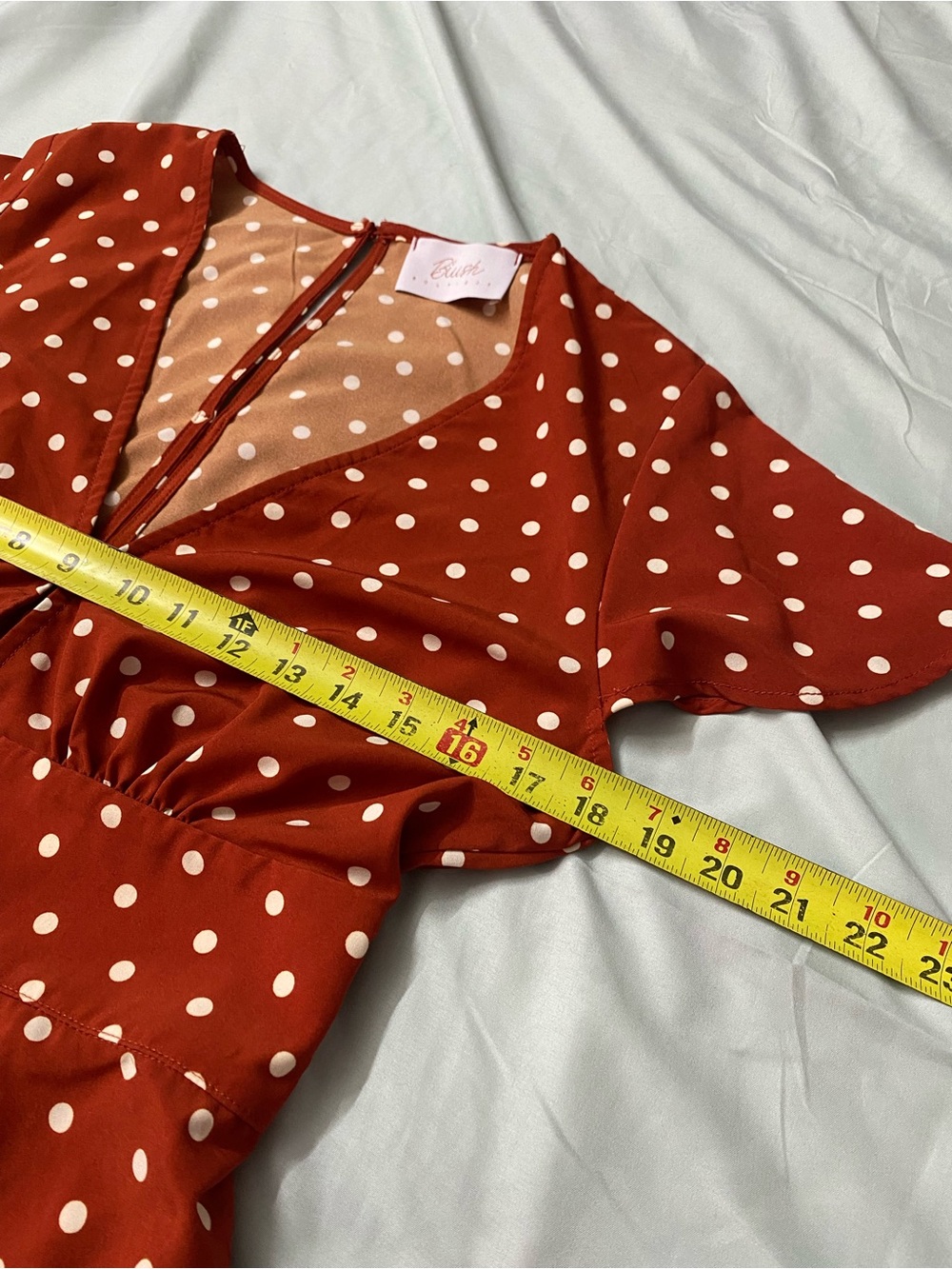 Blush Boutique Polka Dot Romper Rust Brown Ruffle Skort Inset Smocked V Neck LG - Picture 9 of 10